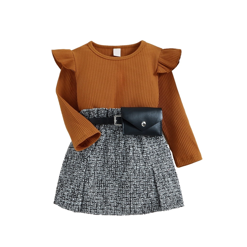 Kids Girls Autumn Clothes Set with Belt Bag 3 Pieces Long Sleeve Ribbed Tops Short Skirts Outfits for Stage Daily Brown gray 110cm