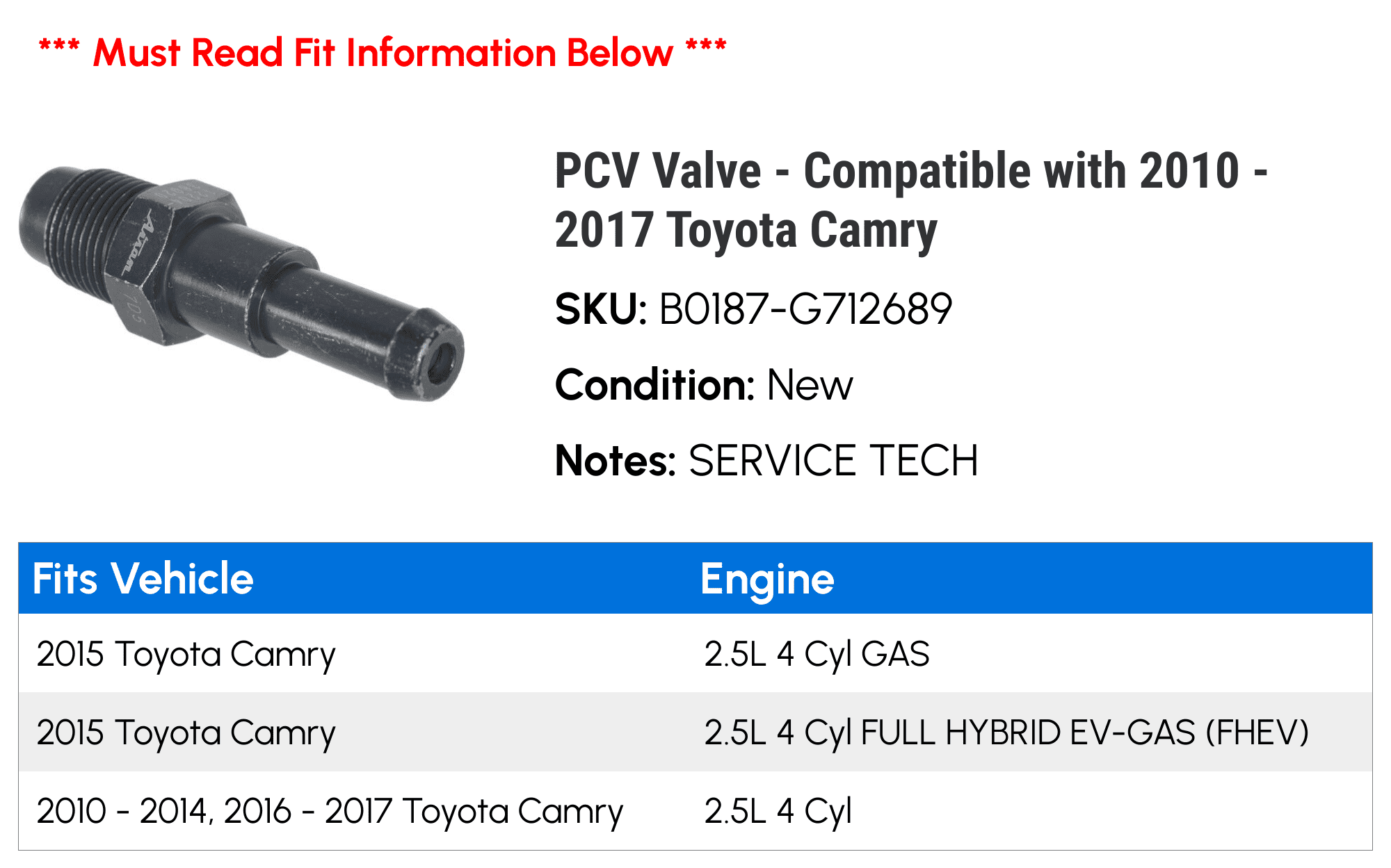 PCV Valve - Compatible with 2010 - 2017 Toyota Camry 2011 2012 2013 2014 2015 2016