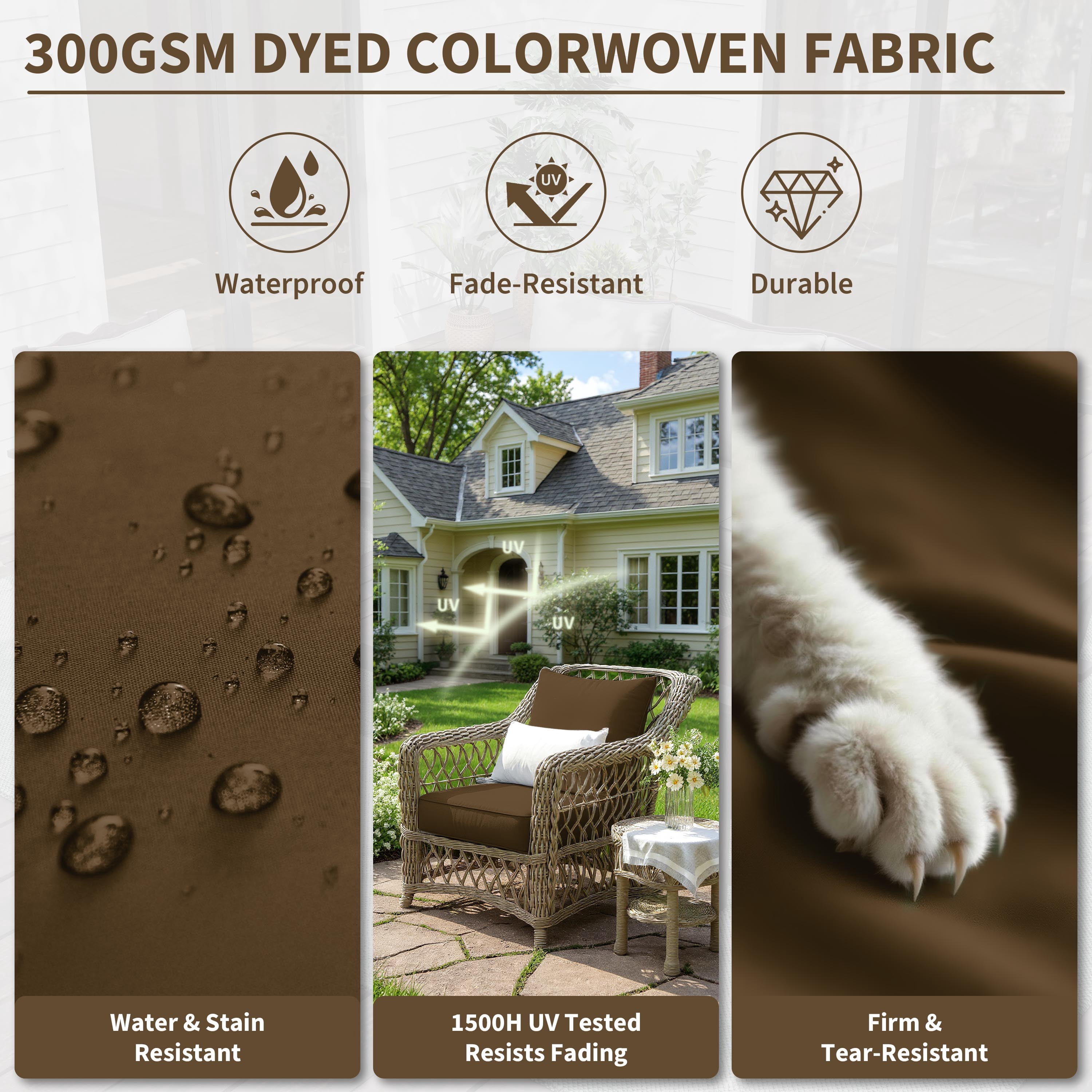 Kimunuk Outdoor Seat Cushion Set, 22" X 24" X 4" Water-Resistant & Fade-Resistant Patio Furniture Replacement Cushions with Handle and Straps for Sofa Chair, Chocolate