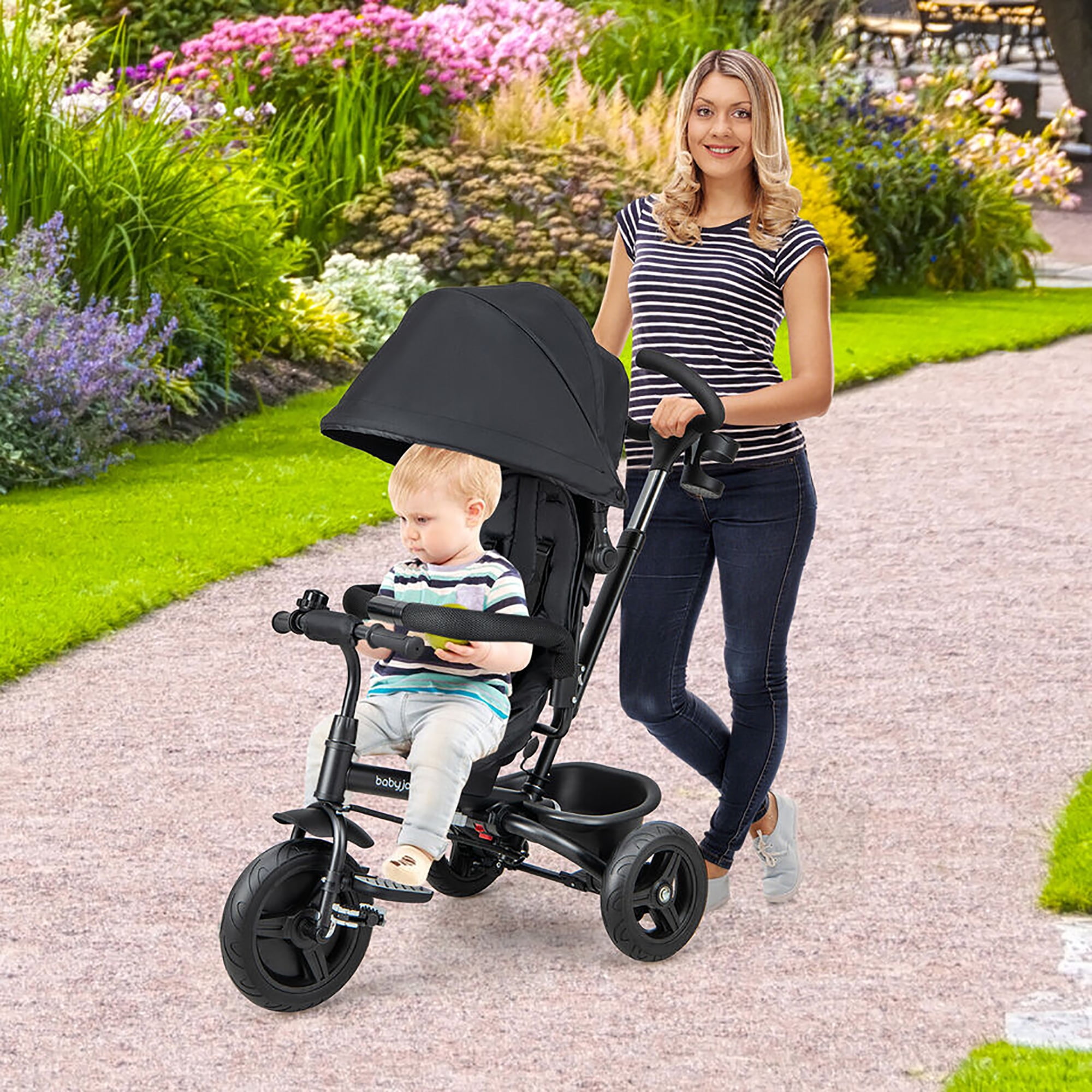 Gymax 4-in-1 Baby Tricycle Toddler Trike w/ Reversible Seat Canopy & Push Handle Black