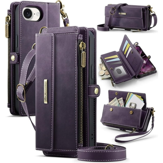 Funda Billetera para iPhone 16e – Funda para Teléfono de Cuero PU con Bloqueo RFID con Tarjetero, Bolsillo con Cremallera, Pata de Cabra, Cierre Magnético, Correa para el Hombro y la Muñeca