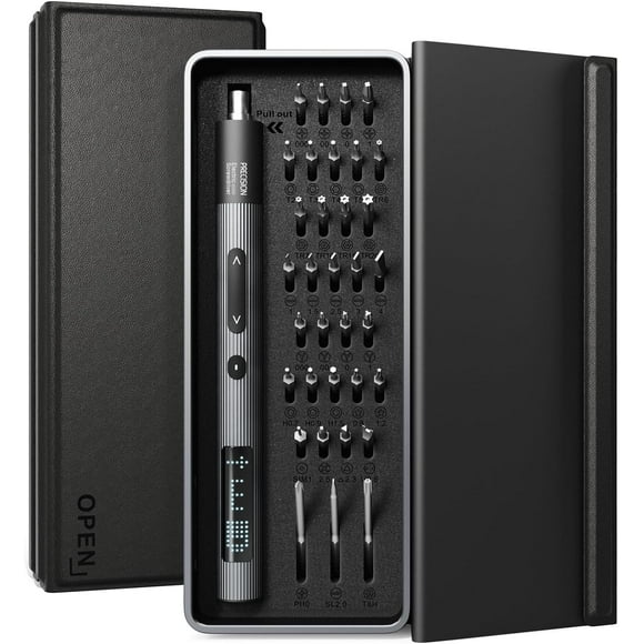 SURJDE Precision Electric Screwdriver Set Handle with screen, 36 in 1 Mini Rechargeable Battery Power Screw Drivers with 0.3N.m Torque, Leather & Aluminum Storage Case,3 Torque Settings