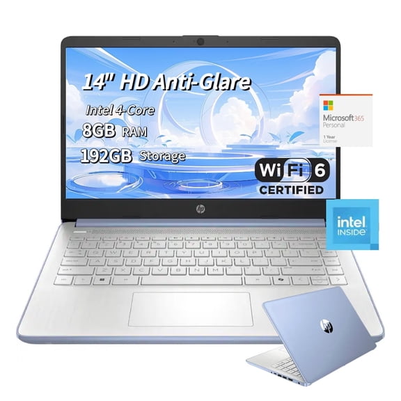 HP 14" HD Anti-Glare Laptop, Intel N150 4-Core, 8GB RAM, 192GB Storage (128GB UFS 64GB SD Card), Sky Blue, Windows11S, Office 365 1-Year, Wi-Fi 6 & Bluetooth