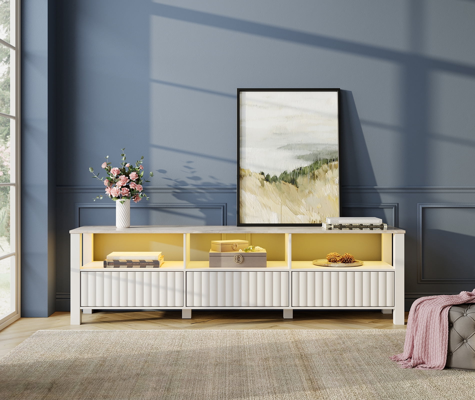 LED TV Stand for 75 inch TV Entertainment Center White TV Console Table with 6 Storages for Living Room Bedroom, 70″ Sansujyuku sansujyuku.com