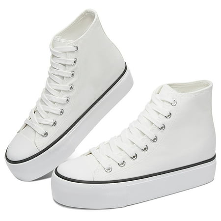 

Obtaom Women’s Platform High Top Canvas Shoes Comfy Platform Hi Top Canvas Fashion Sneakers For women Cute Mid Calf Canvas Thick Sole Walking Shoes(White US10)