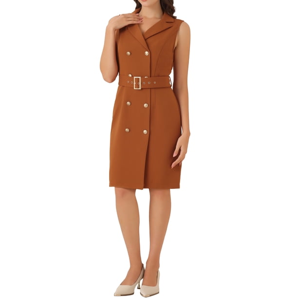 INSPIRAR CHIC Vestido de Mujer Sin Mangas con Solapa Notch Doble Botonadura con Cinturón Vestidos de Oficina Talla L Caramelo