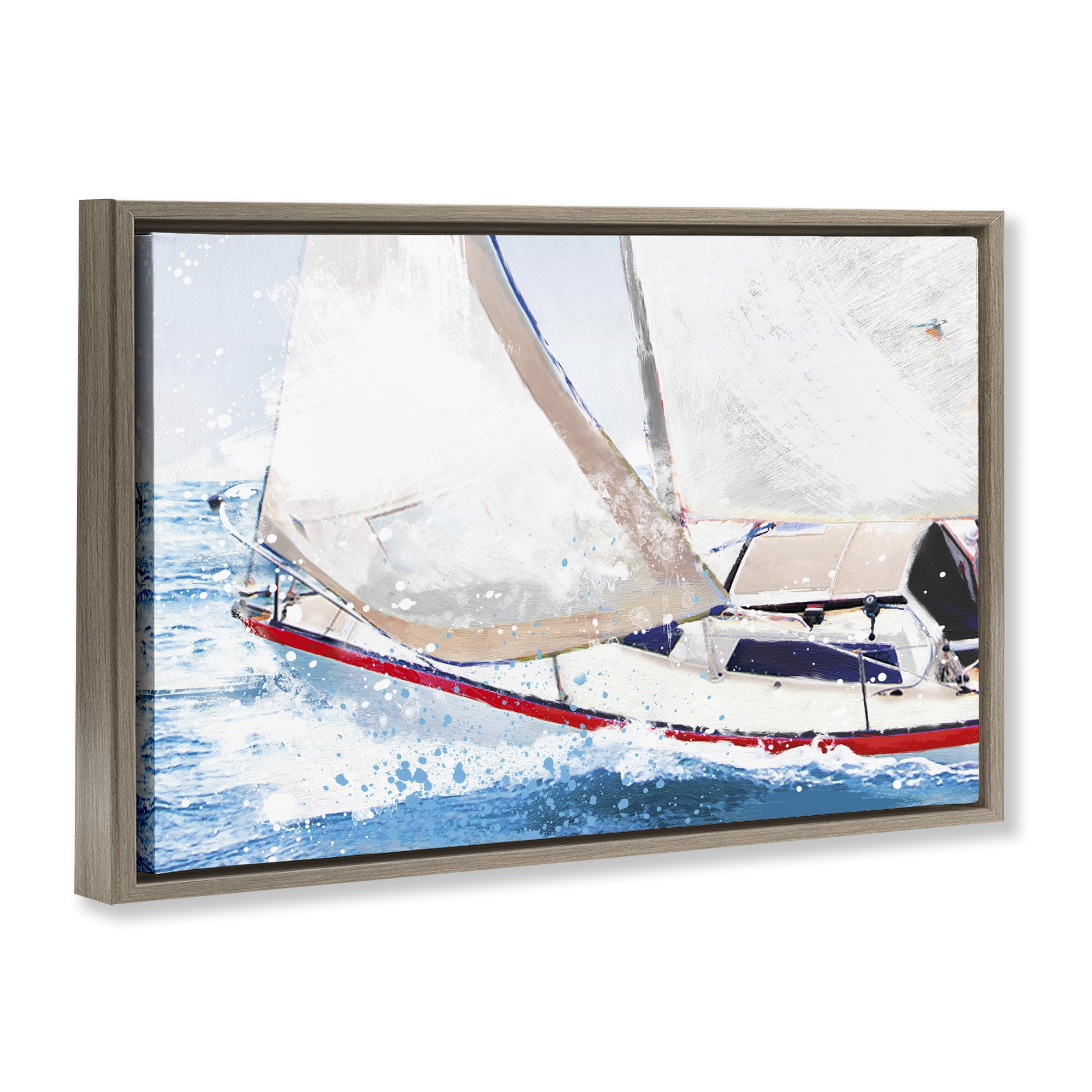 Stupell Industries Sailboat Racing Through Blue Waves Brown Framed Floater Canvas Wall Art, design by Porter Hastings