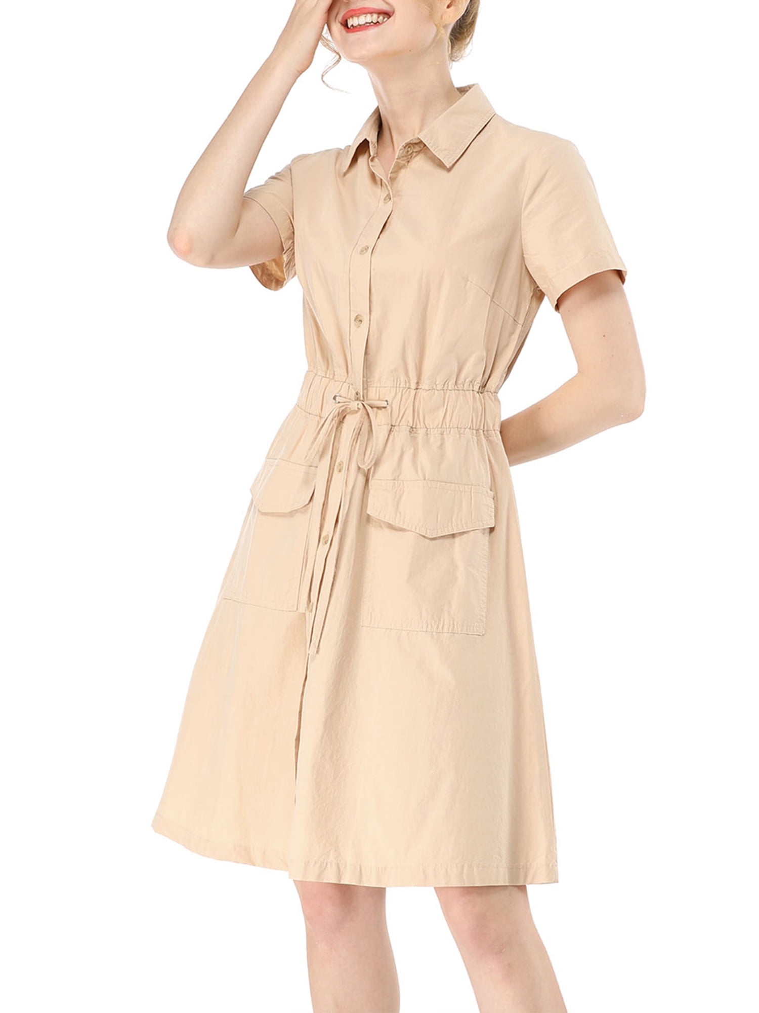 DARING DIVA Collar Elastic Waist Above Knee Dress with Pocket L Beige
