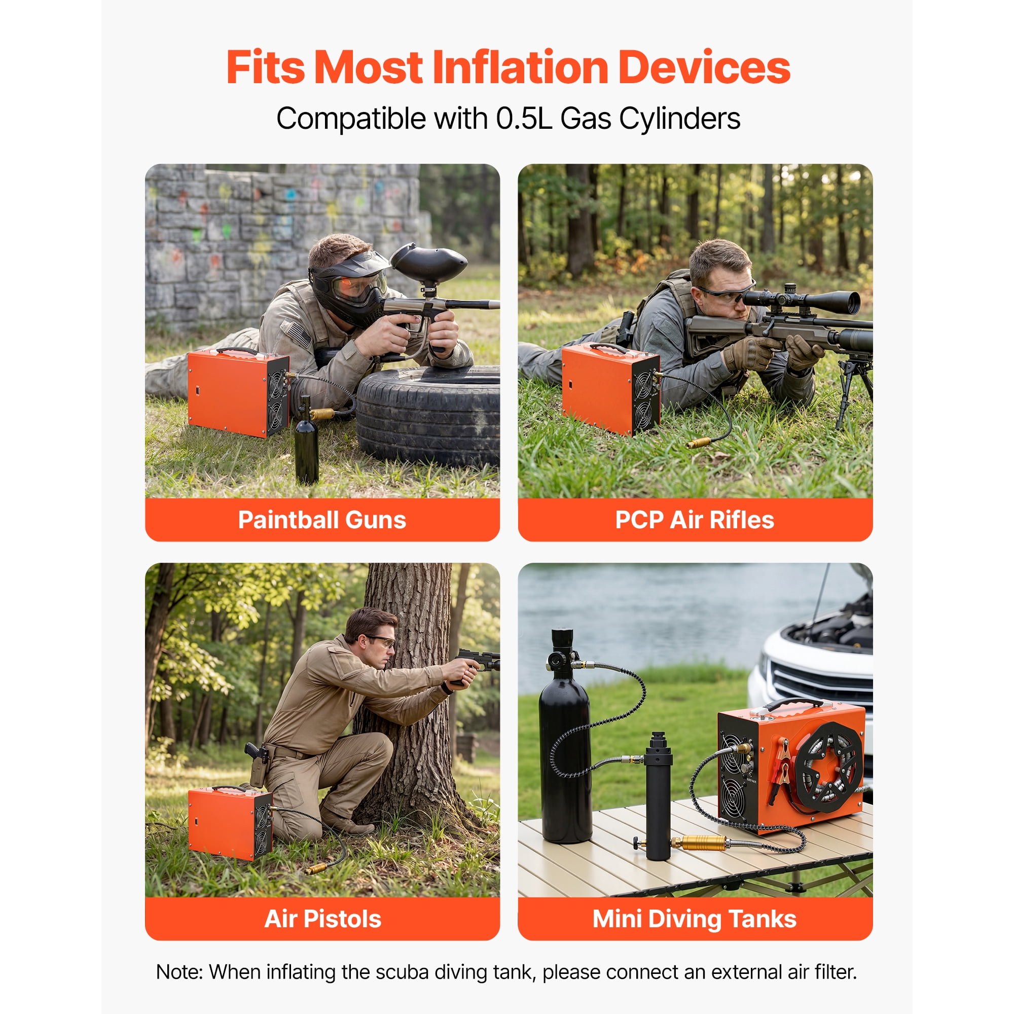 KFFKFF Portable PCP Air Compressor 4500PSI with Built-in Converter, Auto Stop Function, 350W DC12V/AC120V for Air Rifles and Scuba Tanks