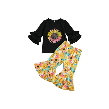 

Canrulo 2Pcs Set Kids Toddler Baby Girl Outfits Sunflower T-Shirt Top+Floral Flared Pants Fall Clothes Yellow Black 3-4 Years