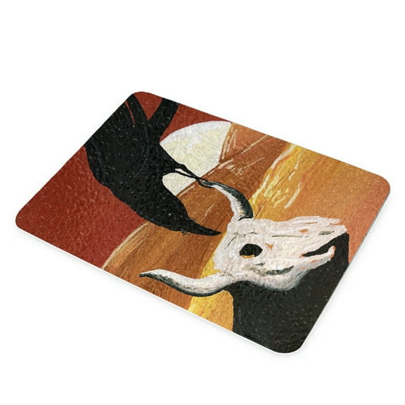 KuzmarK Glass Cheese Cutting Board 11"x7.75" - Raven & Cow Skull with Full Moon Surrealism Art by Denise Every