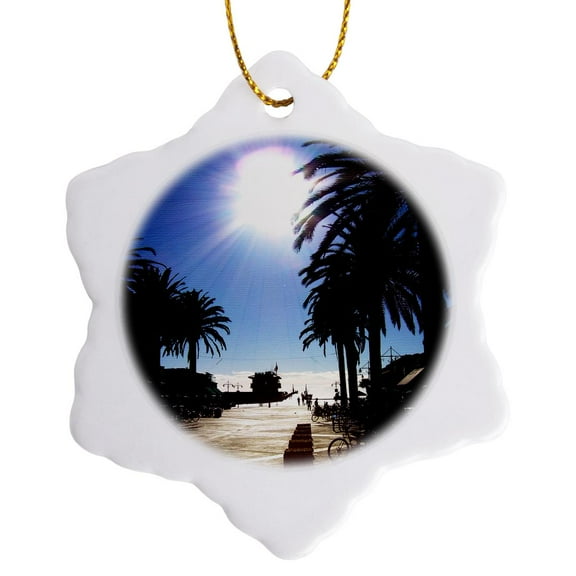 3dRose, Afternoon In Hermosa Beach shows setting sun over the Pacific Ocean in California, 3 inch Snowflake Porcelain Ornament