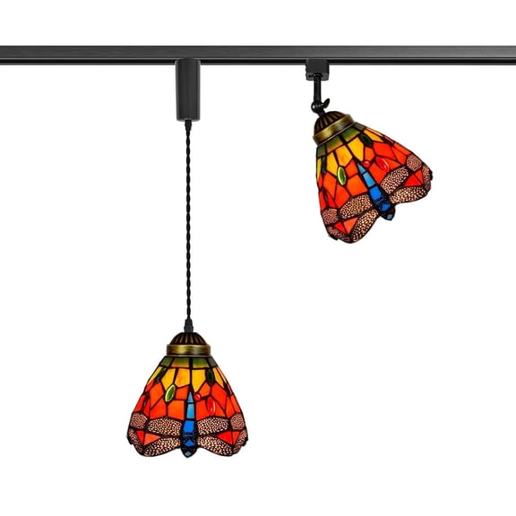 KAYYELAMP H-Type Track Mount 1Pcs 3.9Ft Adjustable Cord Pendant Light, 1Pcs Adjusted Angle Track Lamp Dragonfly Pattern Handmade Colorful Glass Tiffany Style For Home Office(No Bulb, Track)
