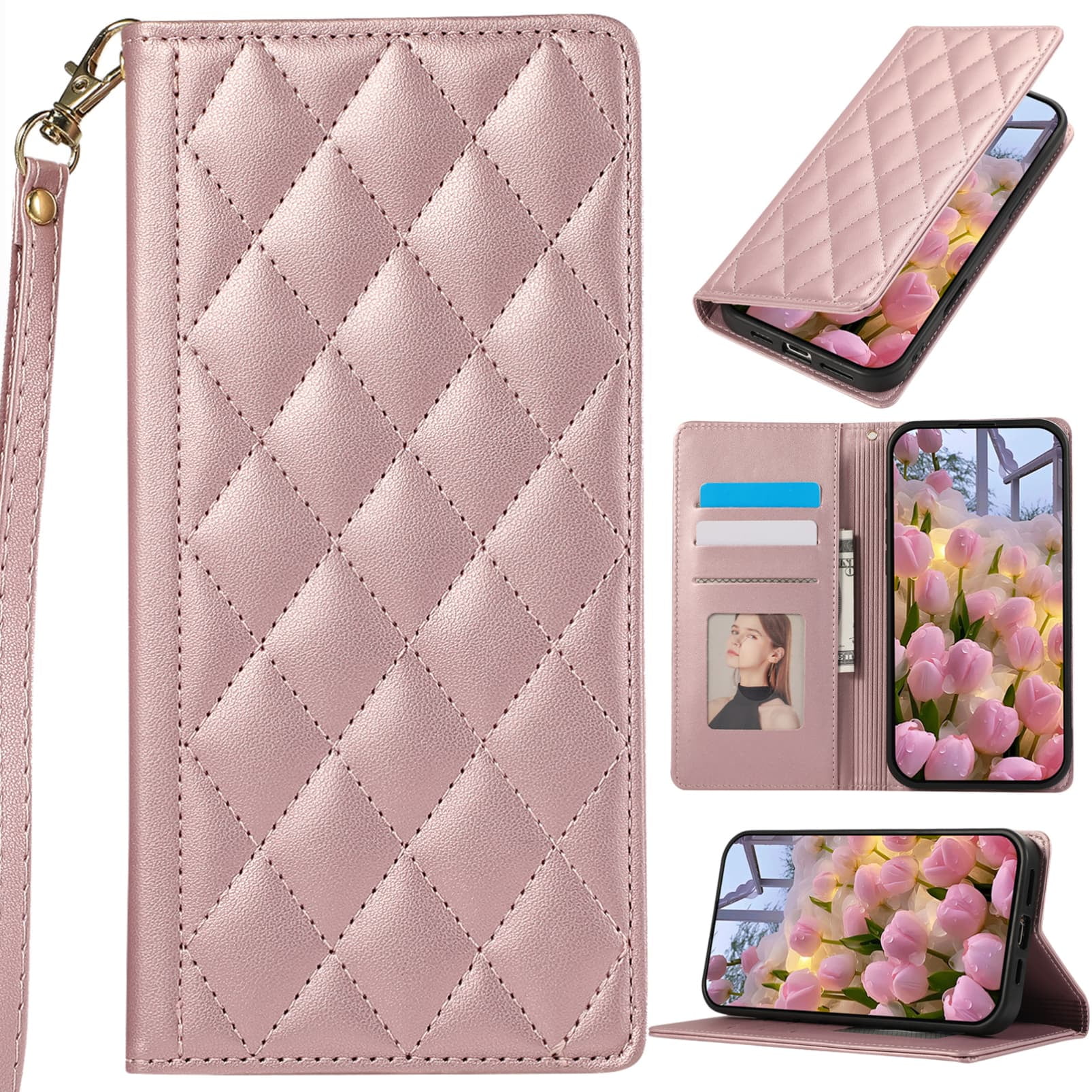 for Samsung Galaxy A17/A26 Leather Phone Case Slim Wallet Lady Classic Diamond Quilted Folio Flip Cover Kickstand, Card Slot Cash Holder, Buttonless Magnetic Closure, Wrist Strap