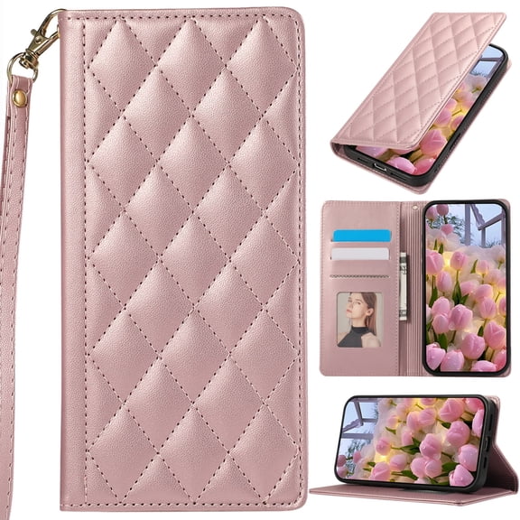 for Samsung Galaxy A17/A26 Leather Phone Case Slim Wallet Lady Classic Diamond Quilted Folio Flip Cover Kickstand, Card Slot Cash Holder, Buttonless Magnetic Closure, Wrist Strap