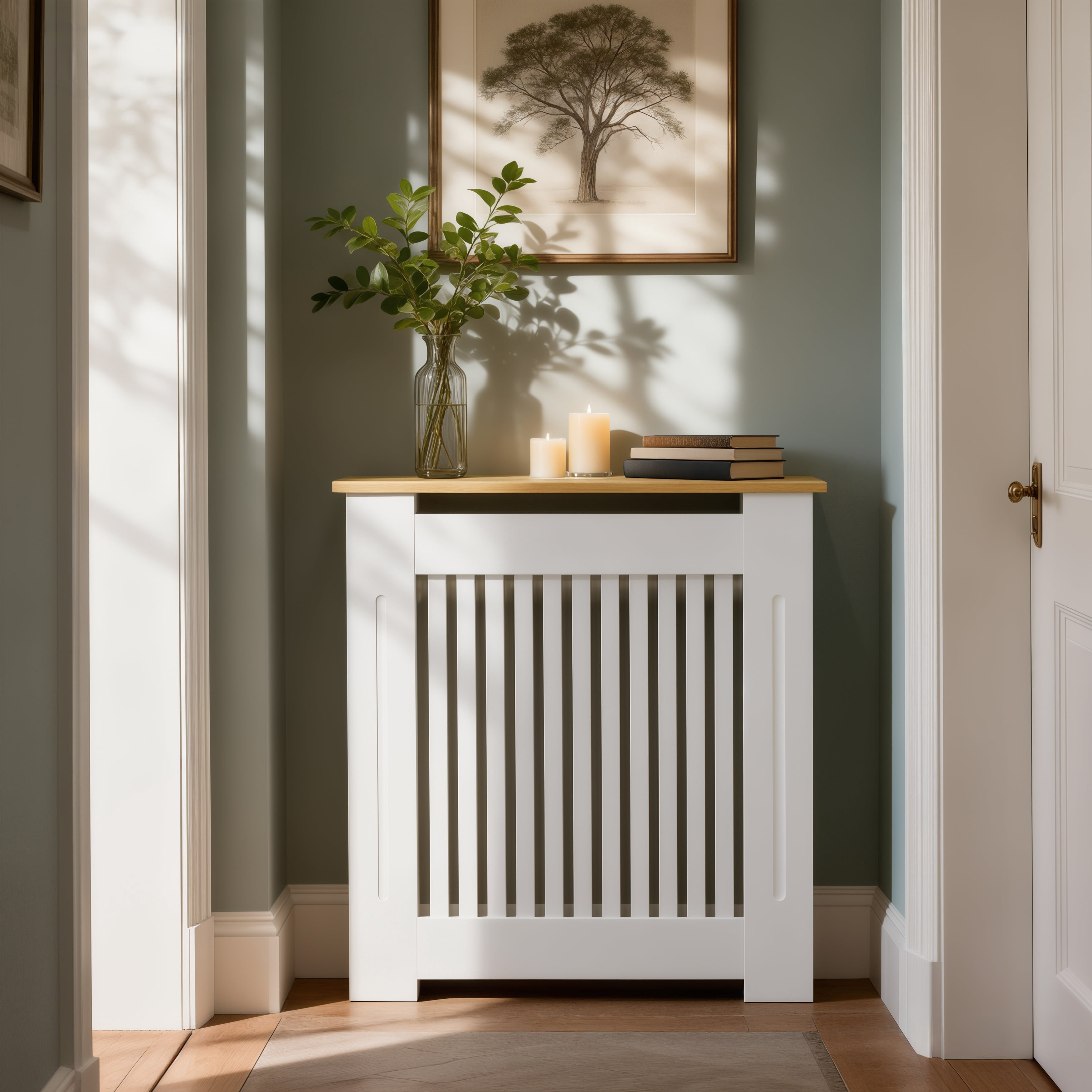 LUVODI 83cm High Modern Slatted Vertical White Radiator Cover with MDF Wood Top, Wood Grill Shelf