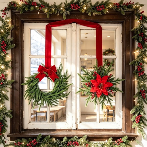 ZZkhGO Festive Christmas Wreath Decoration, Artificial Bow with Pines Branches and Berries, Holiday Door Hanging Wall Decor for Home Window Display