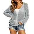 thumbnail image 3 of CAIXIA Womens Zip Up Crochet Cardigan Sweater Oversized Long Sleeve Hollow Out Knit Bomber Jacket Fishnet Sweaters, 3 of 9