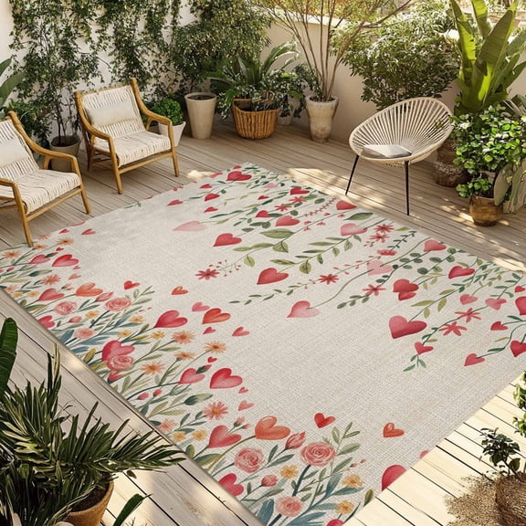 Valentine's Day Outdoor Rug for Patio/Deck/Porch, Non-Slip Large Area Rug 6 x 9 Ft, Watercolor Love Flowers Leaves Plants Beige Indoor Outdoor Rugs Washable Area Rugs, Camping Rug Carpet Runner