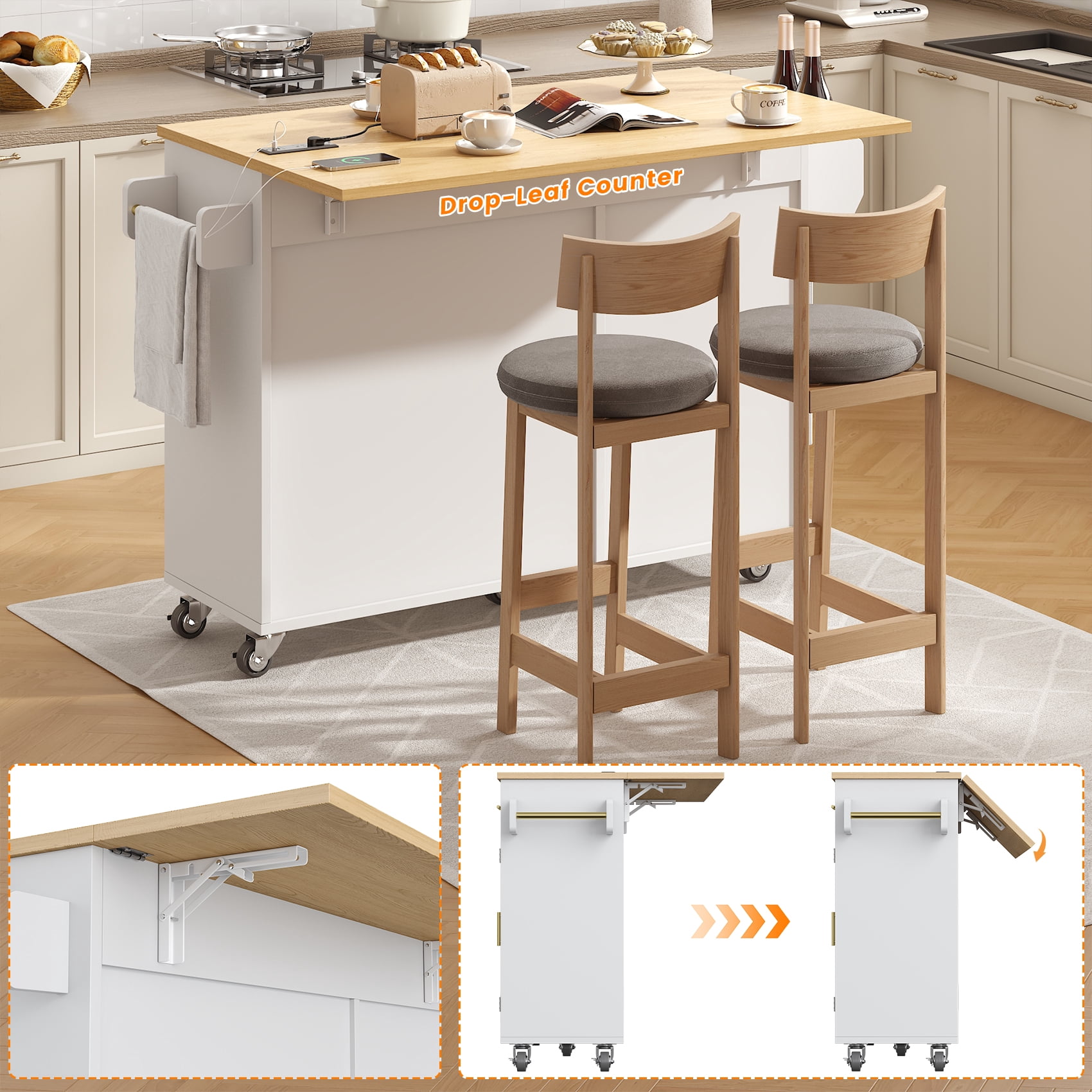 Meteorleg Kitchen Island with Power Outlets & Trash Cabinet, 2 Drawer Modern Buffet Cabinet Sideboard Coffee Bar for Dining Room Living Room, White