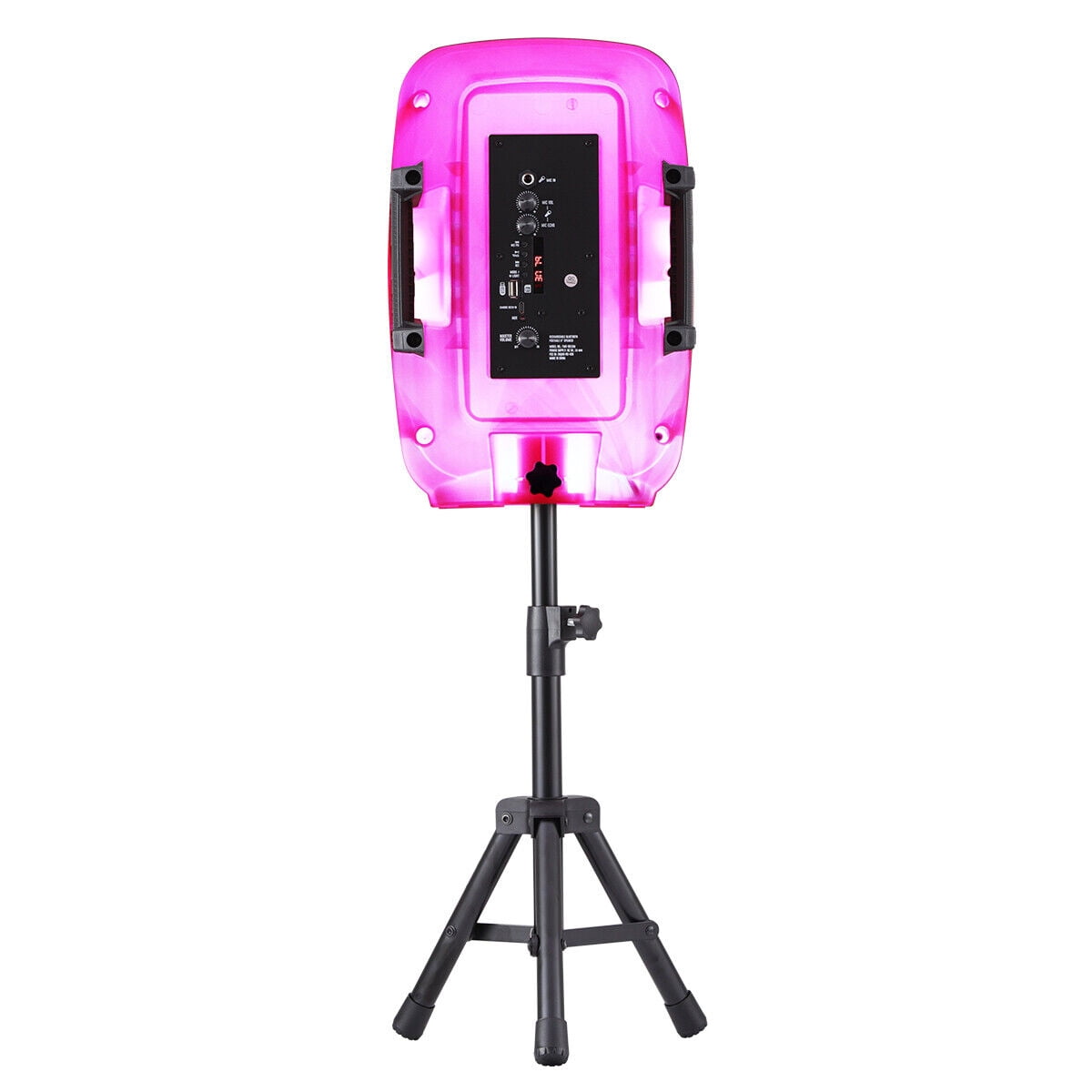 Portable Bluetooth Speaker 8" Woofer w/ Tripod Stand Microphone Remote Control Pink LED, Clear Shell