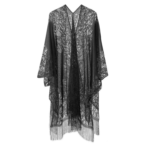 Women Swimwear Cover-Ups Long Sleeve Mesh Beach Dress Solid Color Bathing Suit Coverup Lace Mesh Pullover Dress Black,One Size