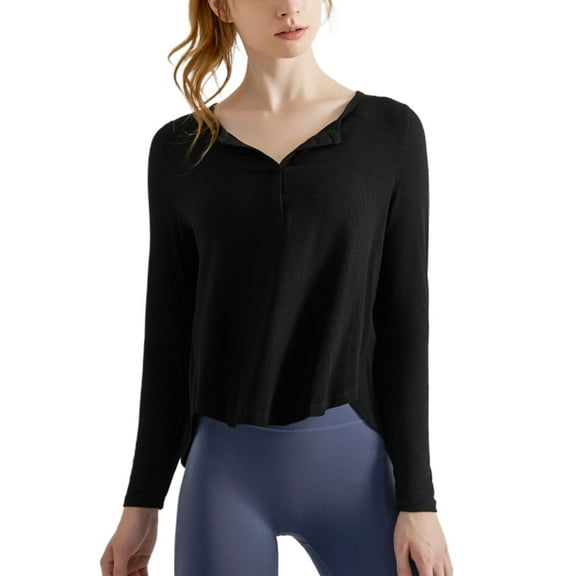 Lu's Chic Women's V Neck Top Long Sleeve Yoga Shirt Workout High Low Yoga Summer Button Loose Ribbed Fall Spring Black 14