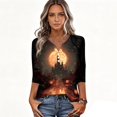 thumbnail image 5 of Shirts for Women Halloween Funny 3/4 Sleeve Tops Horror Pumpkin Castle Printed Pullover Spooky Button V Neck T Shirts Holiday Three Quarter Length Blouses, L, 5 of 6
