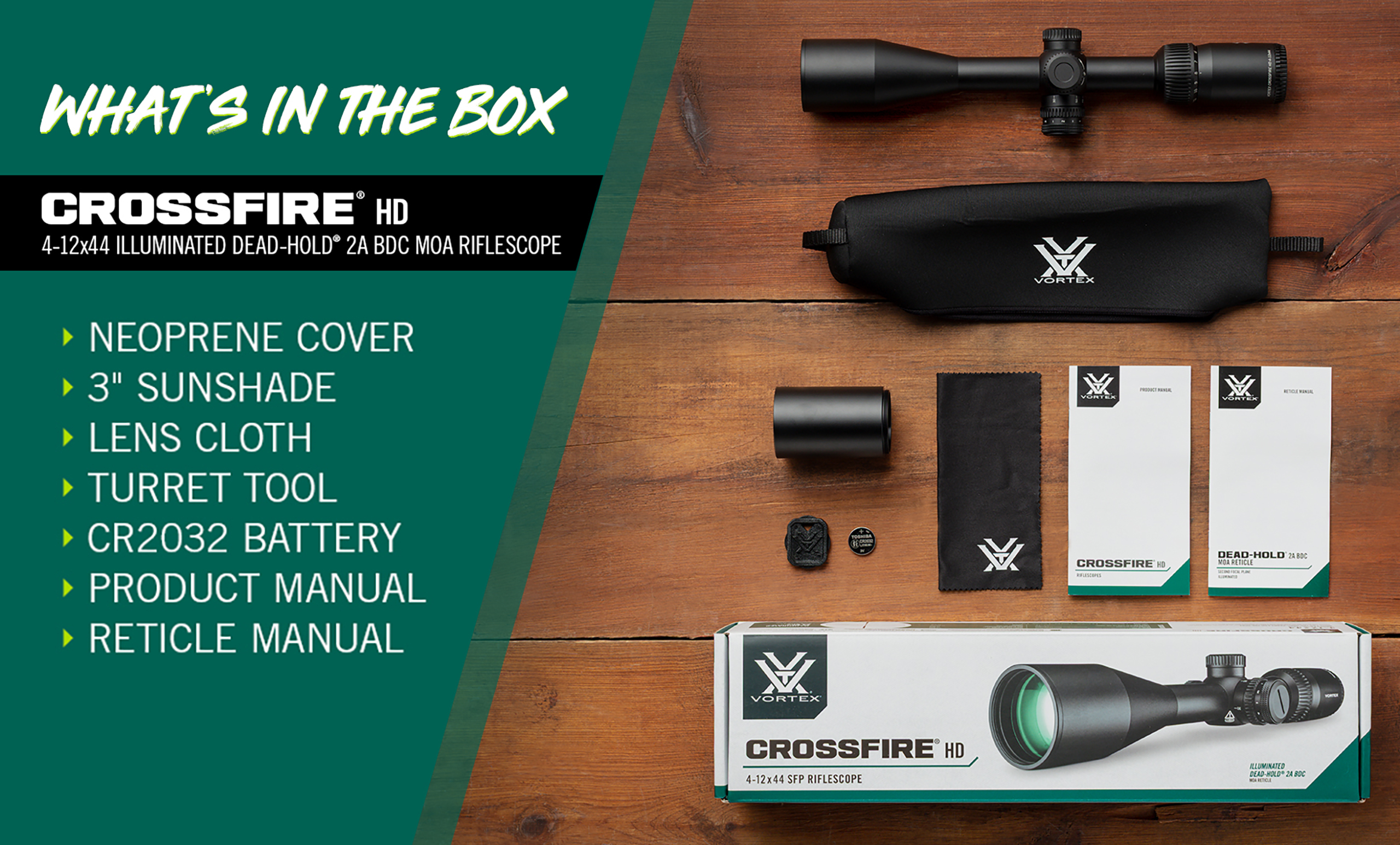 Vortex Crossfire HD 4-12x44 Second Focal Plane, 1-inch Tube Riflescope - Illuminated Dead-Hold 2A BDC MOA Reticle
