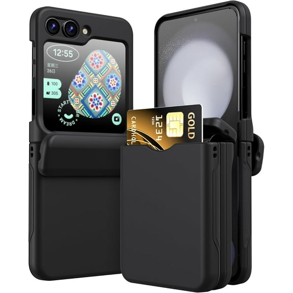 Phone Case for Samsung Galaxy Z Flip 5 Case Cover with Card Holder, Full Body Protector with Hinge Phone Cover for Samsung Galaxy Z Flip 5 5G(Black)