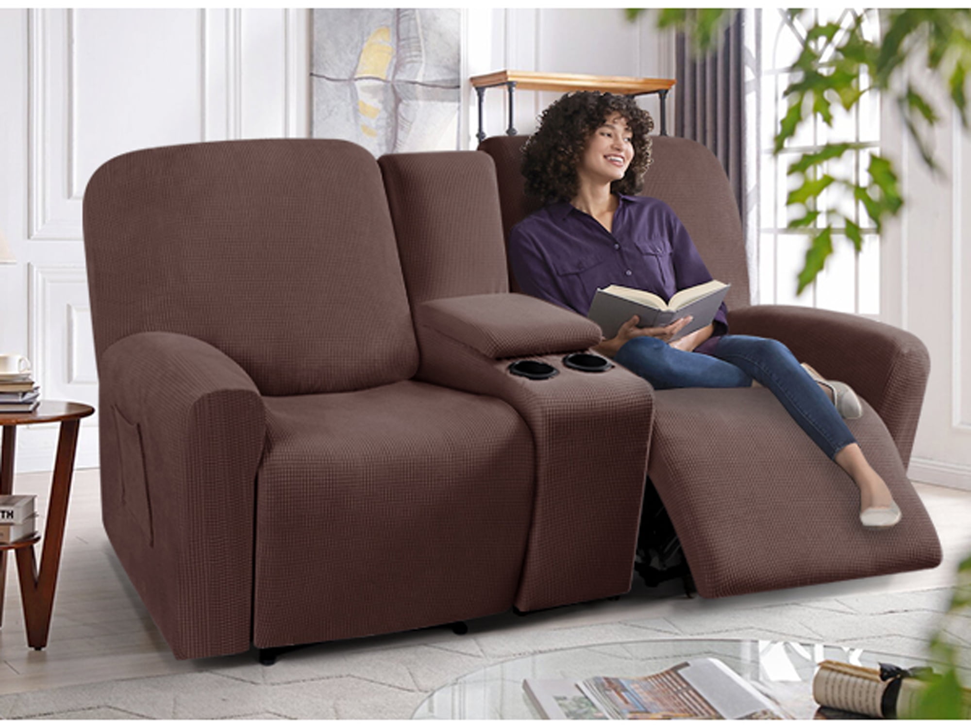 TAOCOCO Stretch Loveseat Slipcover with Middle Console, 4-Pieces Reclining Sofa Cover for 2 Seat Couch Recliner Sofa Slipocvers Furniture Protector, Chocolate