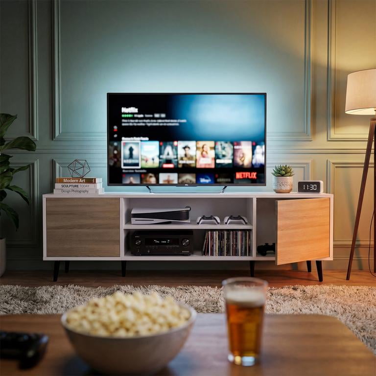 Vineego TV Stand for 65 Inch TV with 2 Push-to-Open Doors, Mid-Century Modern Media Console with Open Shelves, Entertainment Center for Living Room Bedroom, Beige & White