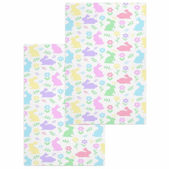 Happy Easter Kitchen Dish Towels for Drying Dishes Set of 2, Spring Colorful Bunny Floral Watercolor Waffle Weave Microfiber Hand Tea Bathroom Towels Quick Dry & Absorbent Towel 15.7x23.6