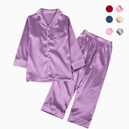 

Little Big Child Girl Boy Satin Silk 2PCS Long Sleeve Button-Down Pajamas Set 3-14Y