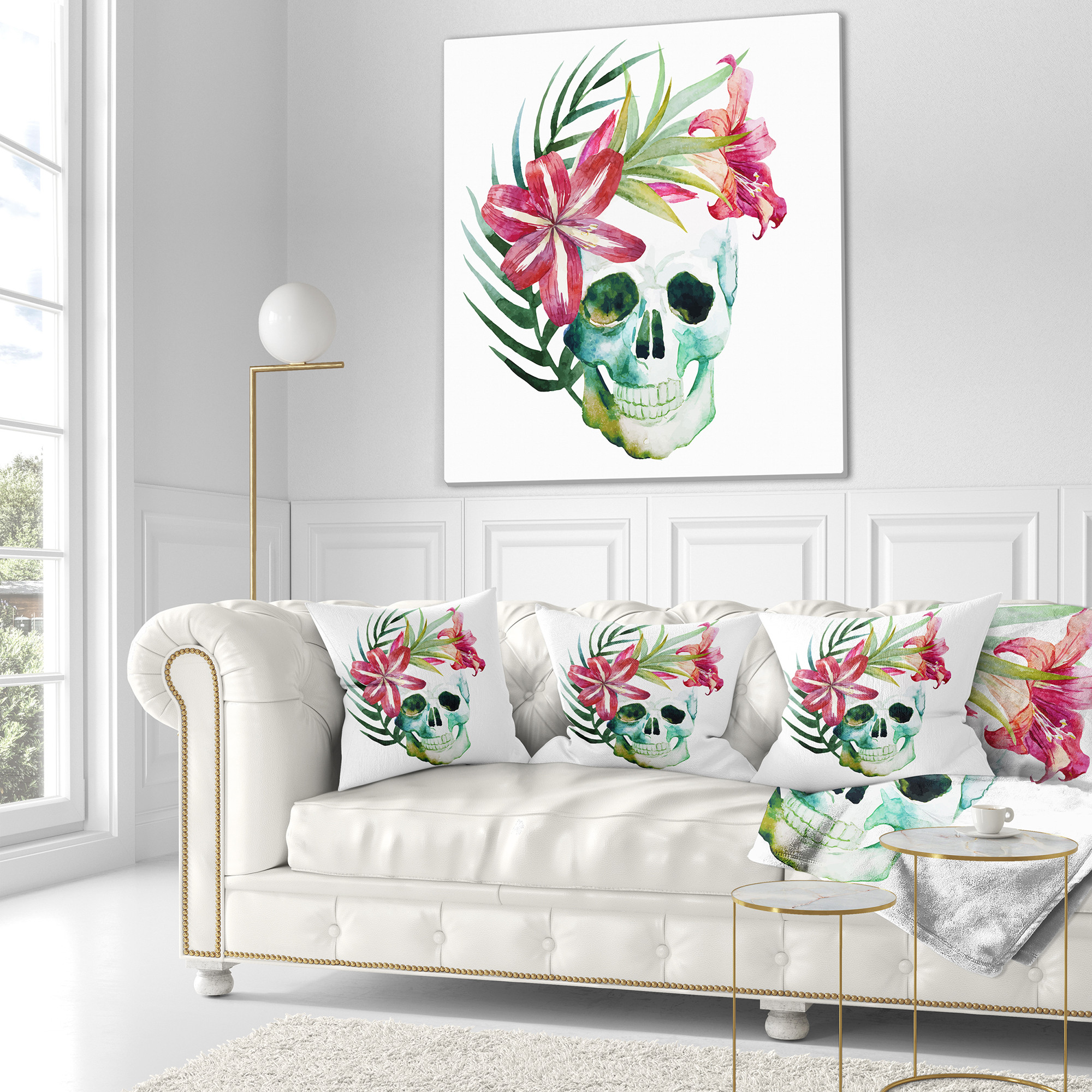 Designart Watercolor Skull with Flowers - Floral Throw Pillow - 16x16