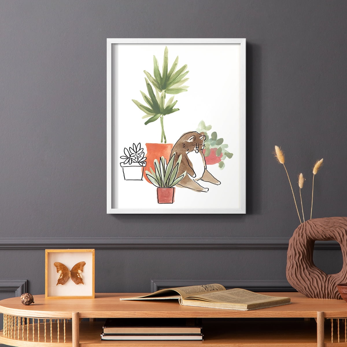Purrfect Plants II Framed Print in White Solid Wood Framed Print No Nail Hanging