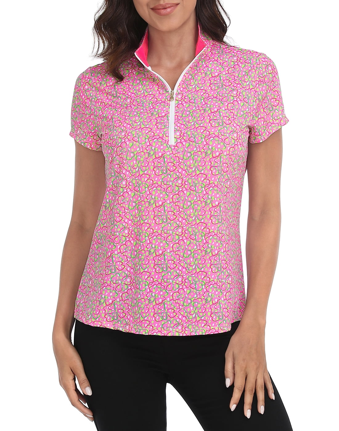 LRD Women's Short Sleeve Golf Polo Shirts UPF 30 Dot Floral / Pink S