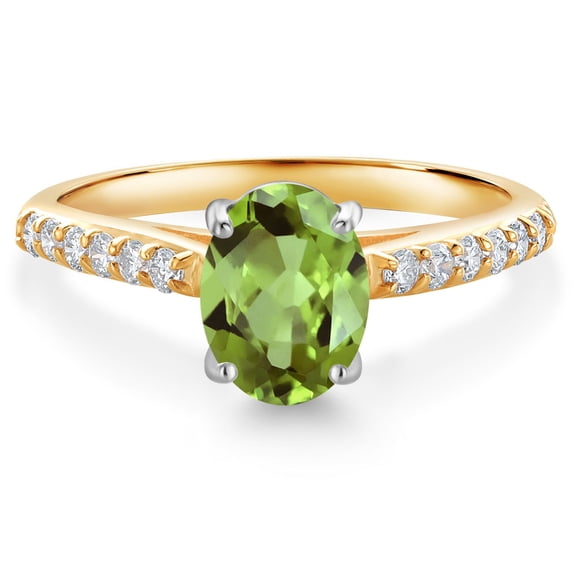 Gem Stone King 10K Yellow and White Gold Green Peridot and White Lab Grown Diamond Engagement Ring for Women (1.60 Cttw, Oval 8X6MM, Gemstone August Birthstone, Size 7)