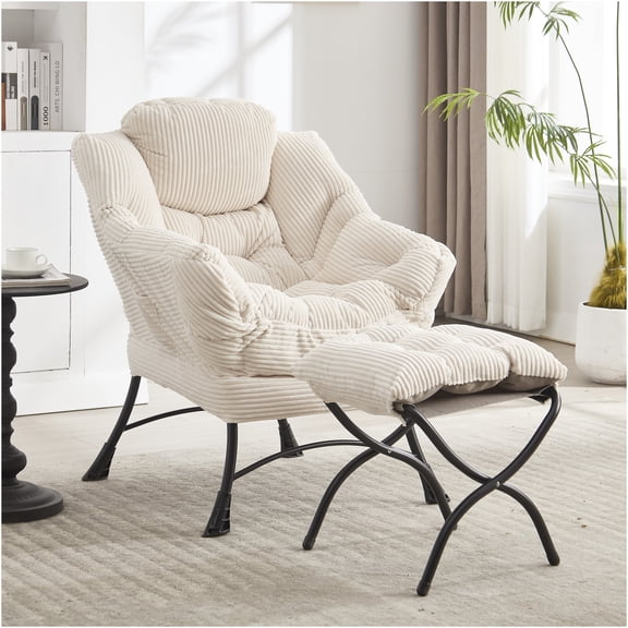 JERFIT Modern Accent Chair with Ottoman, Upholstered Lounge Chair with Ergonomic Backrest, Armrests, Side Pocket and Footrest for Living Room, Bedroom, Small Space in White