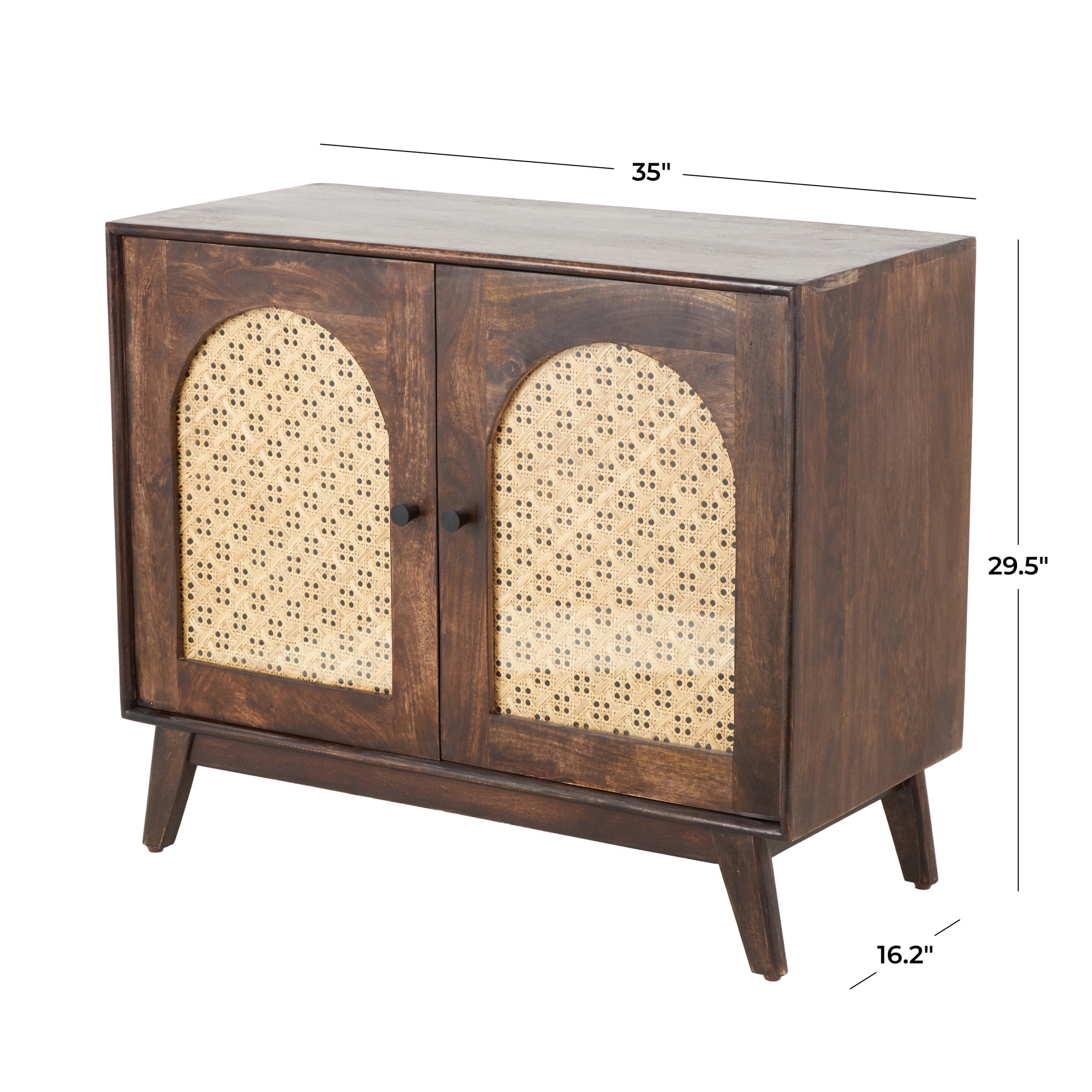 DecMode 35" x 30" Brown Mango Wood Handmade 2 Door Cabinet with Rattan Front and Black Knobs, 1-Piece
