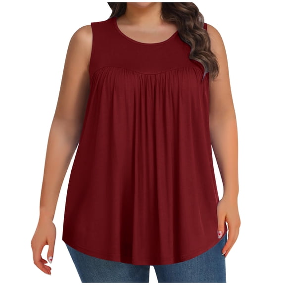 UYISJ Plus Size Tank Tops for Women Sleeveless Crew Neck Pleated T Shirt Summer Casual Loose Tunic Blouses Wine Red L
