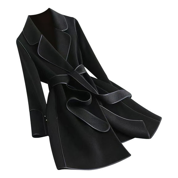 Umfun Winter Jackets for Women Casual Loose Solid V Neck Lapel Trench Versatile Faux Coat Warm Long Sleeve Tie Up Outwear with Pockets Black 3XL