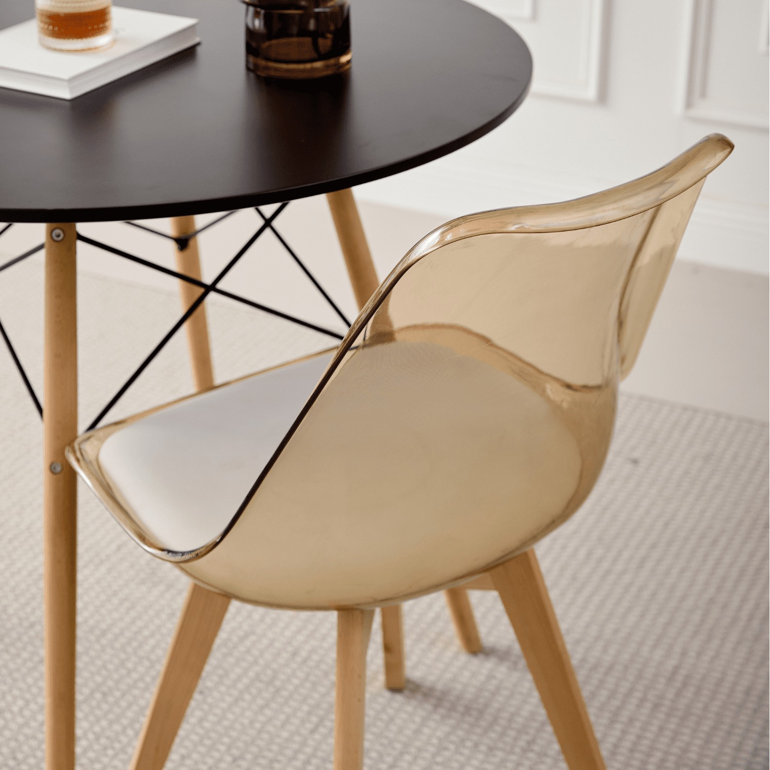 Dining Chairs Set of 4, Clear Acrylic Mid Century Modern Kitchen Chairs with Soft Padded and Wood Legs for Dinner, Living Waiting Room, Bedroom, Apartment, Light Brown