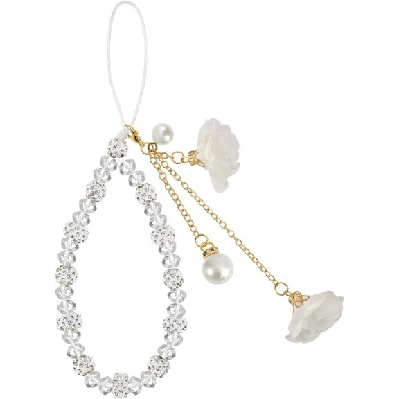 Phone Charm String Phone Chain Strap Cute Keychains Beaded Phone Strap Cell Phone Charms Beaded Lanyard Kawaii Creative Crystal Flower Pendant（White）