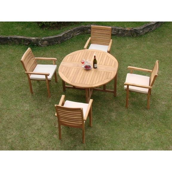 Teak Dining Set:4 Seater 5 Pc - 48" Round Butterfly Table and 4 Hari Stacking Arm Chairs Outdoor Patio Grade-A Teak Wood WholesaleTeak #WMDSHR1