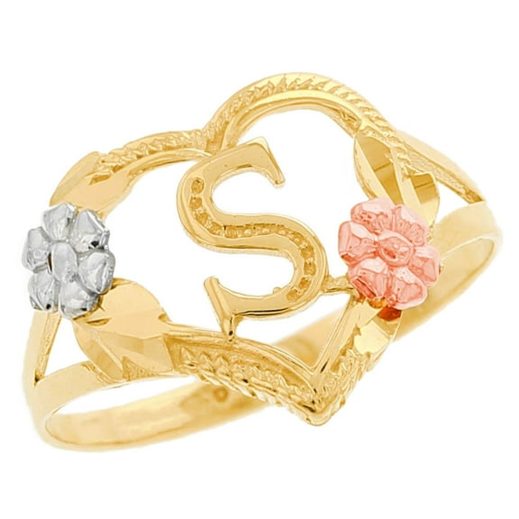 JackAni 10k Multi-Tone Gold Diamond Cut Floral Letter Initial S Heart Ring