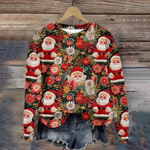 DPTALR Women's Casual Long Sleeve Sweatshirt Crewneck Vacation Christmas Stereoscopic Embroidery Printing Cute Loose Tops