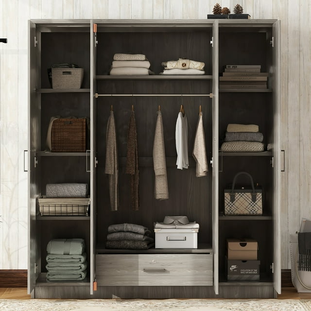 Noble House 4-Door Wardrobe with 1 Lockable Drawer,Large Storage Space, Closet Organizer, Gray