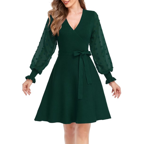 Womens Long Sleeve Wrap Sweater Dress Ruffled Ribbed Knit Midi Dress