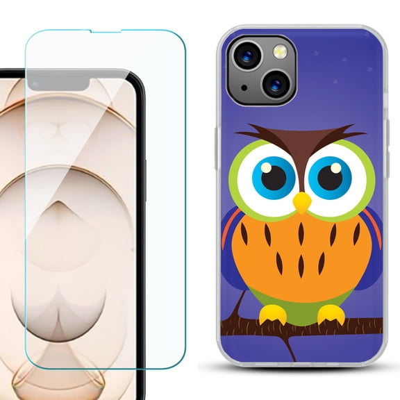 Slim-Fit Flexible TPU Gel Phone Case for iPhone 13, with Tempered Glass Screen Protector, by OneToughShield ® - Night Owl